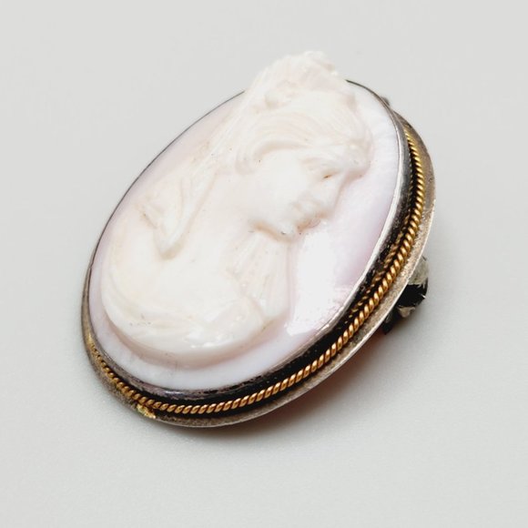 Antique Pink Shell Carved Cameo Gold and 900 Silver Oval Brooch Pendant - Picture 4 of 10